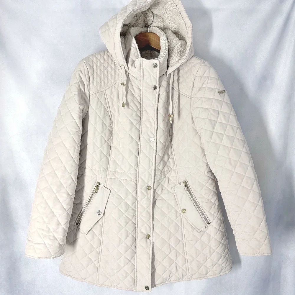 Laundry by Shelli Segal Cream Quilted Hooded Mid-Length Jacket Women's Size XL
